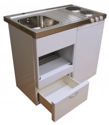 Trinettekök- Minikök EMK1045 har 1 st diskho på höger eller vänster sida, en kyl med frysfack, 2 st kokplattor