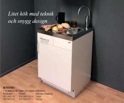 Trinettekök- Minikök BTK0601(ETN650) har rostfri diskbänk med 1 st diskho till höger, en kyl med frysfack, ingen kokplatta och 1