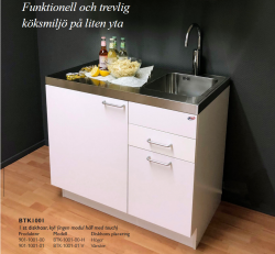 Trinettekök- Minikök BTK1001(ETN1050) har rostfri diskbänk med 1 st diskho, kylskåp med frysfack, 1 st förvaringslåda med utdrag
