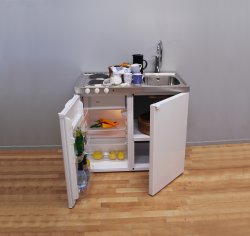 Trinettekök- Minikök EMK1040 har en diskho på höger eller vänster sida, en kyl med frysfack, två kokplattor